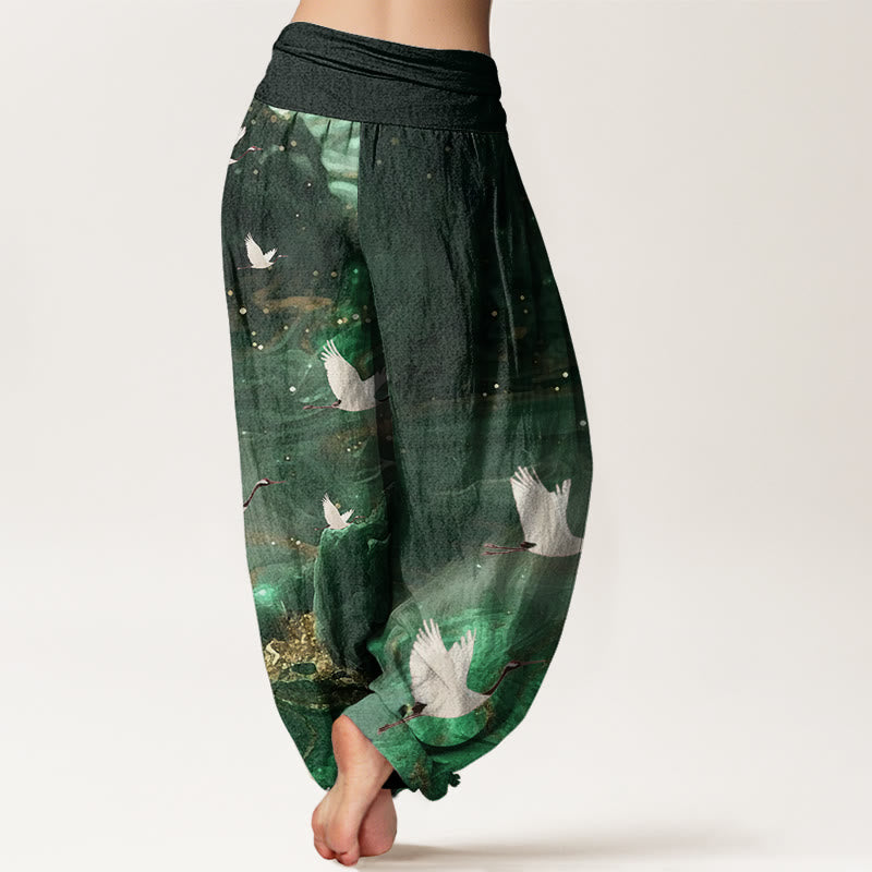 Buddha Stones Cotton Casual Flying Crane Pattern Women's Elastic Waist Harem Pants - image 2