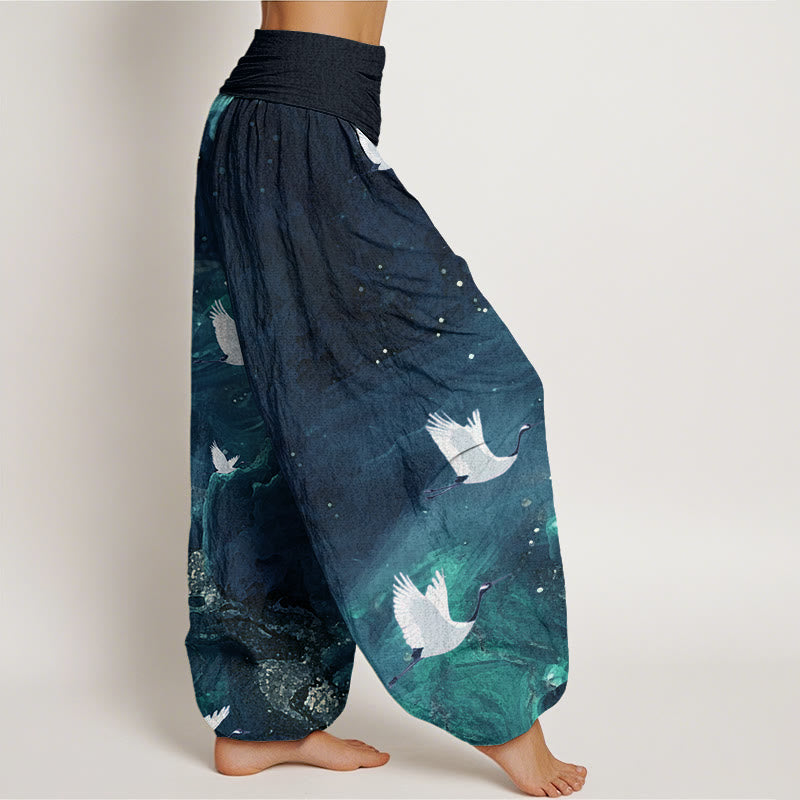 Buddha Stones Cotton Casual Flying Crane Pattern Women's Elastic Waist Harem Pants - image 8