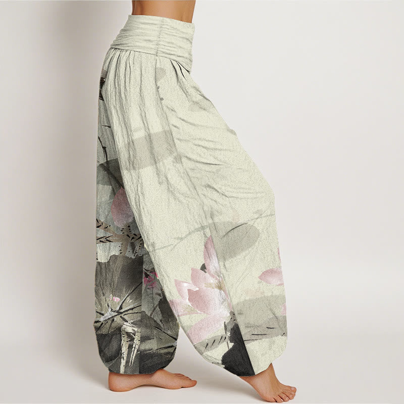 Buddha Stones Pure Cotton Pink Lotus Leaves Bird Pattern Women's Elastic Waist Harem Pants - image 2