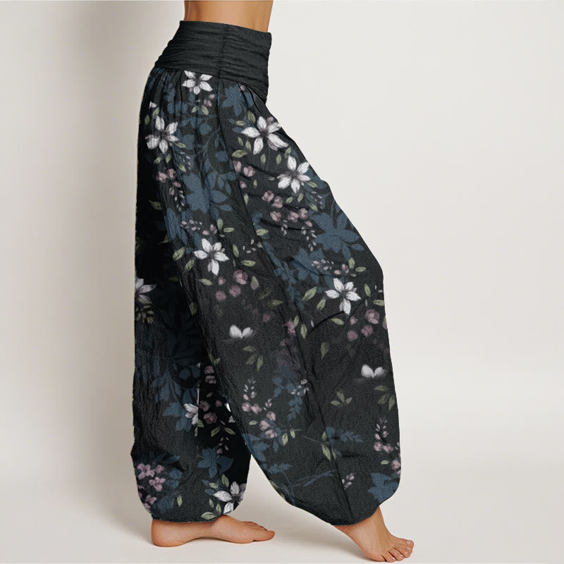 Buddha Stones Pure Cotton Small White Blossoms Green Leaves Women's Elastic Waist Harem Pants - image 2