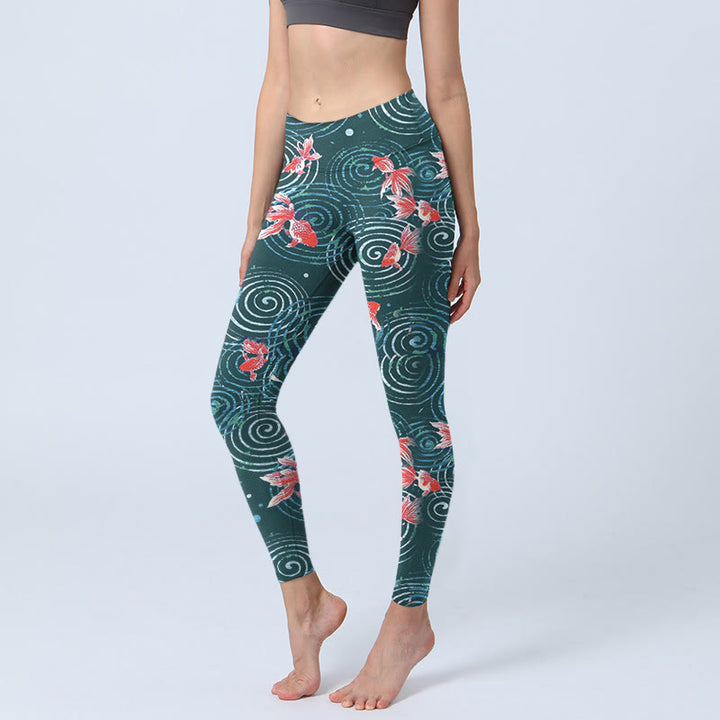 Buddha Stones Red Koi Fish Water Ripple Print Gym Leggings Women's Yoga Pants - CadetBlue - US18，UK/AU22，EU50 (4XL) - image 0