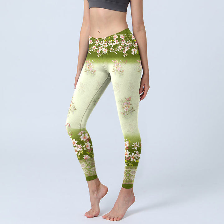 Buddha Stones Pink Flowers Green Leaves Print Gym Leggings Women's Yoga Pants - Honeydew - US18，UK/AU22，EU50 (4XL) - image 0