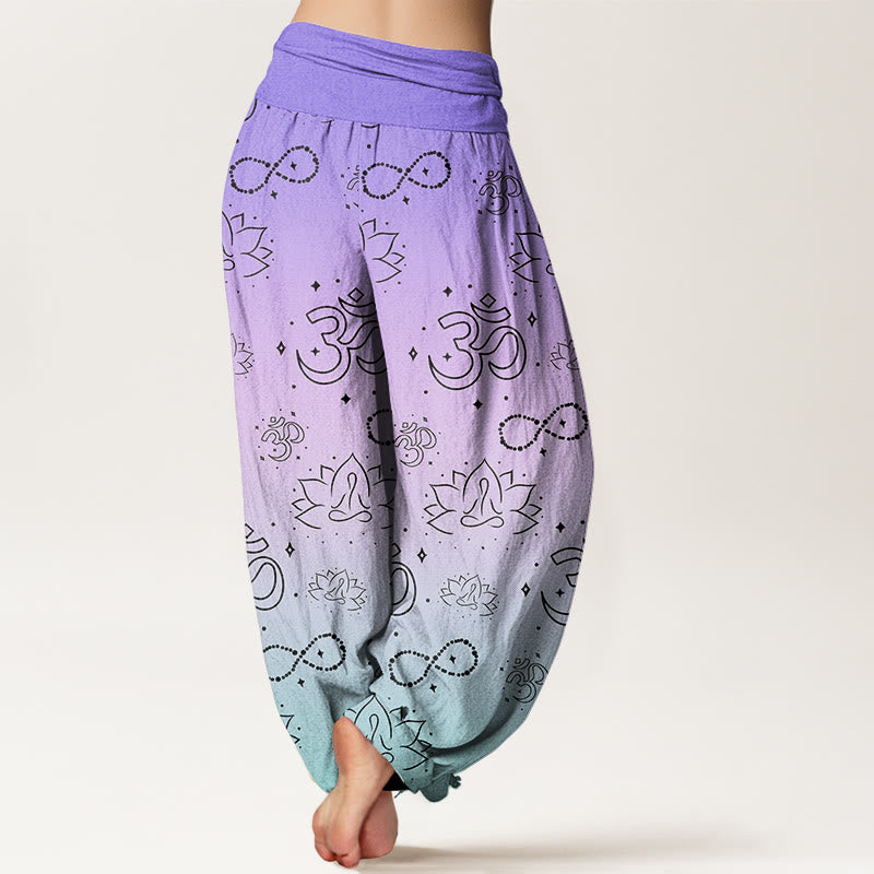 Buddha Stones OM Symbol Lotus Meditating Figure Infinity Pattern Women's Elastic Waist Harem Pants - image 1