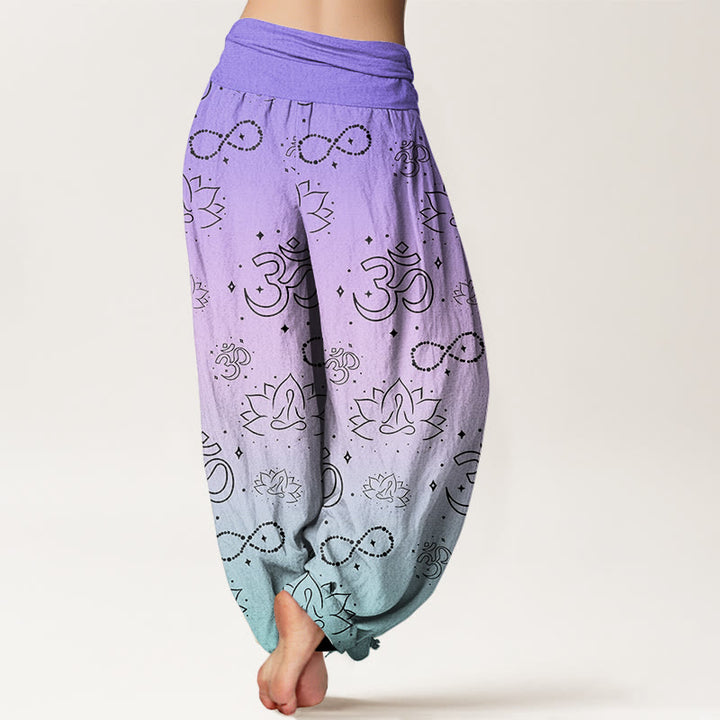 Buddha Stones OM Symbol Lotus Meditating Figure Infinity Pattern Women's Elastic Waist Harem Pants - image 1