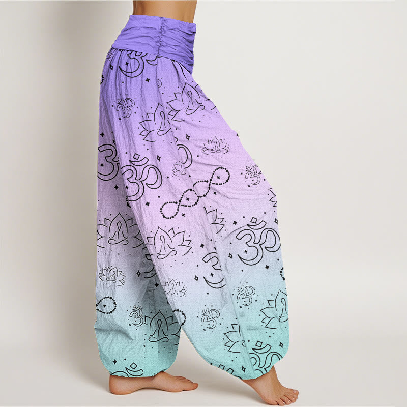 Buddha Stones Cotton OM Symbol Lotus Meditating Figure Infinity Pattern Women's Elastic Waist Harem Pants - image 2