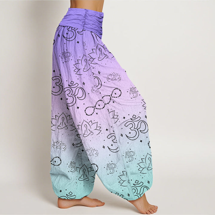 Buddha Stones Cotton OM Symbol Lotus Meditating Figure Infinity Pattern Women's Elastic Waist Harem Pants - image 2
