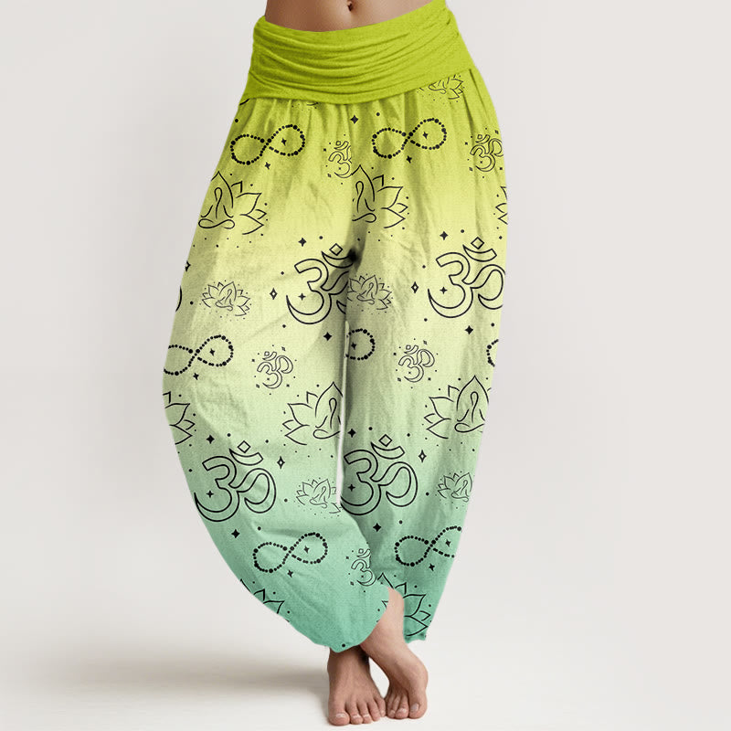 Buddha Stones Cotton OM Symbol Lotus Meditating Figure Infinity Pattern Women's Elastic Waist Harem Pants - GreenYellow - US22，UK/AU26，EU54 (6XL) - image 4