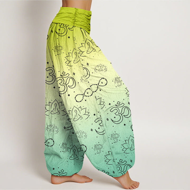 Buddha Stones OM Symbol Lotus Meditating Figure Infinity Pattern Women's Elastic Waist Harem Pants - image 6