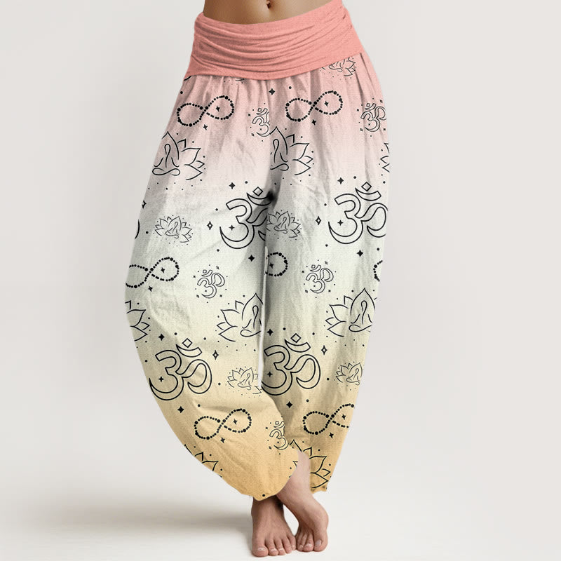 Buddha Stones OM Symbol Lotus Meditating Figure Infinity Pattern Women's Elastic Waist Harem Pants - Beige - US22，UK/AU26，EU54 (6XL) - image 7