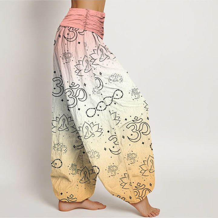 Buddha Stones OM Symbol Lotus Meditating Figure Infinity Pattern Women's Elastic Waist Harem Pants - image 9
