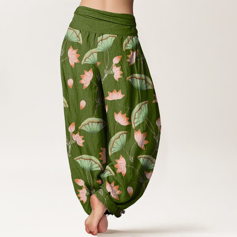 Buddha Stones Cotton Pink Lotus Flowers Lush Green Leaves Pattern Women's Elastic Waist Harem Pants - image 1