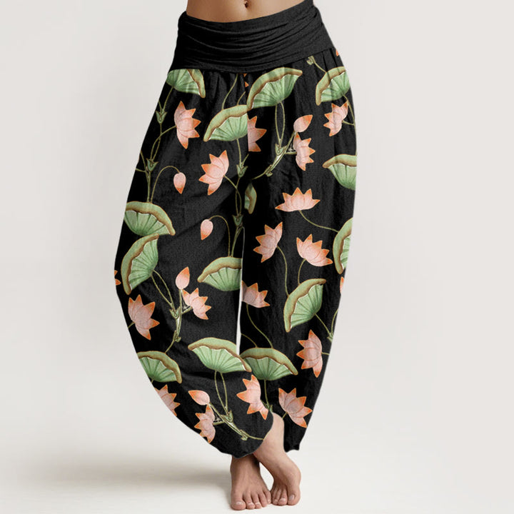 Buddha Stones Pink Lotus Flowers Lush Green Leaves Pattern Women's Elastic Waist Harem Pants - Black - US22，UK/AU26，EU54 (6XL) - image 4