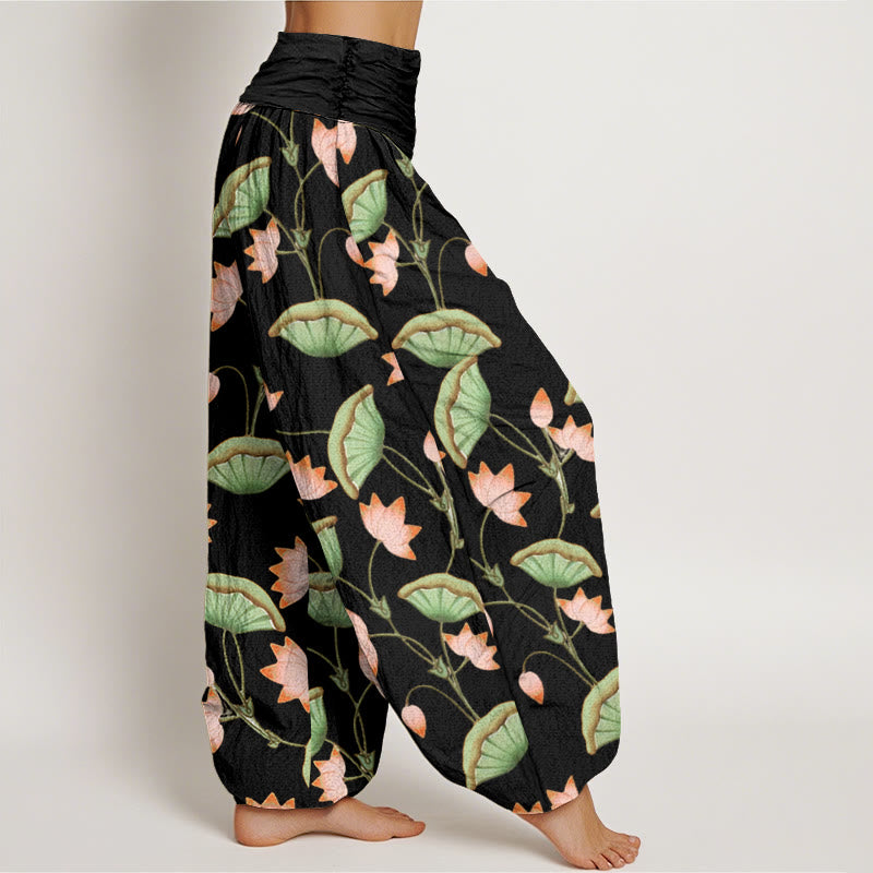 Buddha Stones Cotton Pink Lotus Flowers Lush Green Leaves Pattern Women's Elastic Waist Harem Pants - image 6