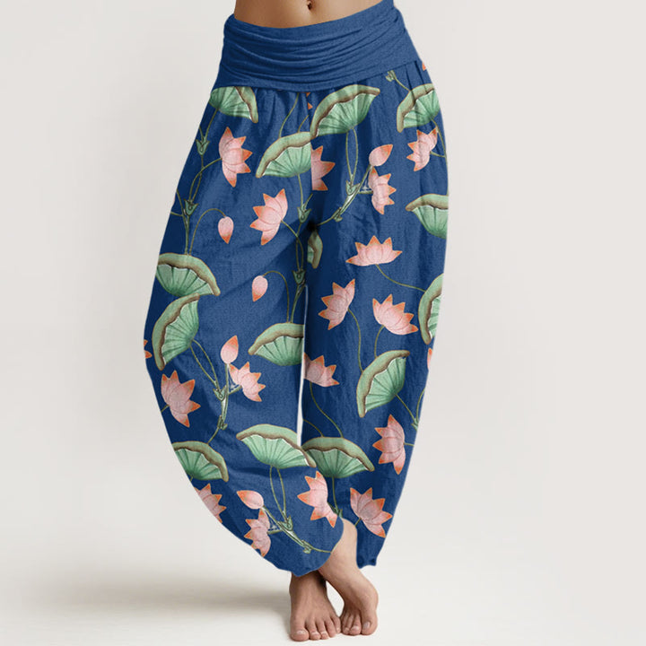 Buddha Stones Pink Lotus Flowers Lush Green Leaves Pattern Women's Elastic Waist Harem Pants - SteelBlue - US22，UK/AU26，EU54 (6XL) - image 7