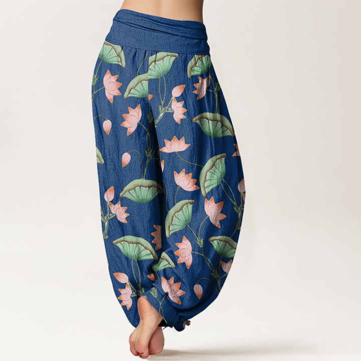 Buddha Stones Pink Lotus Flowers Lush Green Leaves Pattern Women's Elastic Waist Harem Pants - image 8