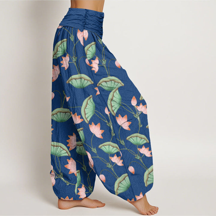 Buddha Stones Cotton Pink Lotus Flowers Lush Green Leaves Pattern Women's Elastic Waist Harem Pants - image 9