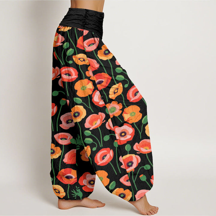 Buddha Stones Cotton Red Orange Flowers Pattern Women's Elastic Waist Harem Pants - image 2