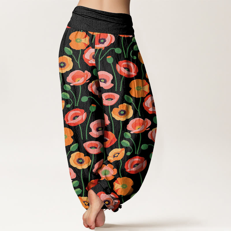 Buddha Stones Cotton Red Orange Flowers Pattern Women's Elastic Waist Harem Pants - image 1