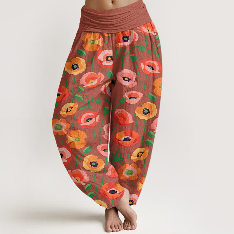 Buddha Stones Cotton Red Orange Flowers Pattern Women's Elastic Waist Harem Pants - LightCoral - US22，UK/AU26，EU54 (6XL) - image 4