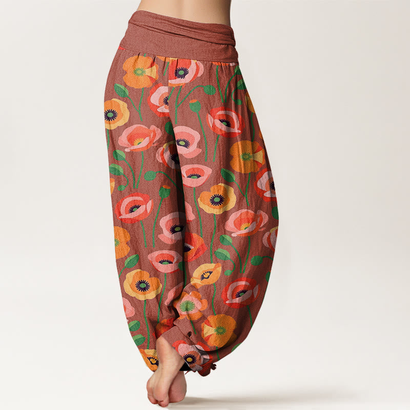 Buddha Stones Cotton Red Orange Flowers Pattern Women's Elastic Waist Harem Pants - image 5