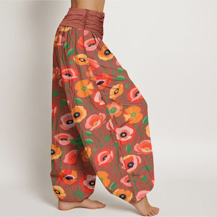 Buddha Stones Cotton Red Orange Flowers Pattern Women's Elastic Waist Harem Pants - image 6
