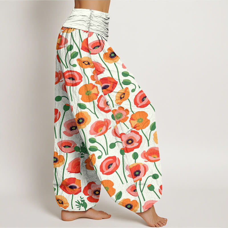 Buddha Stones Cotton Red Orange Flowers Pattern Women's Elastic Waist Harem Pants - image 9
