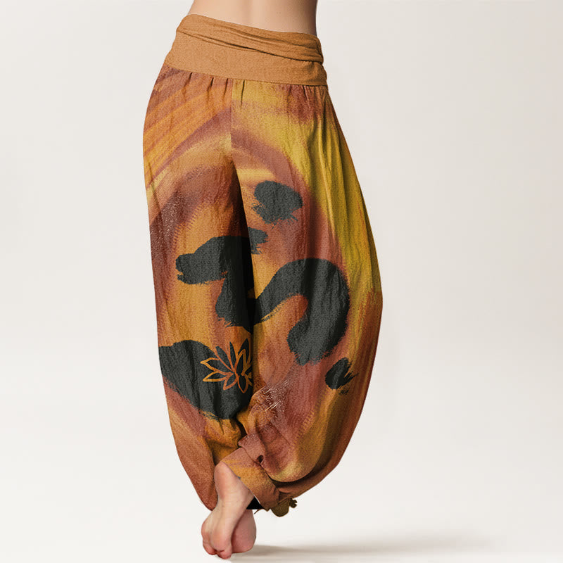Buddha Stones OM Symbol Lotus Flower Pattern Women's Elastic Waist Harem Pants - image 5