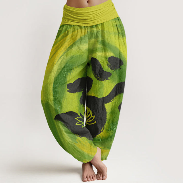 Buddha Stones OM Symbol Lotus Flower Pattern Women's Elastic Waist Harem Pants - YellowGreen - US22，UK/AU26，EU54 (6XL) - image 7