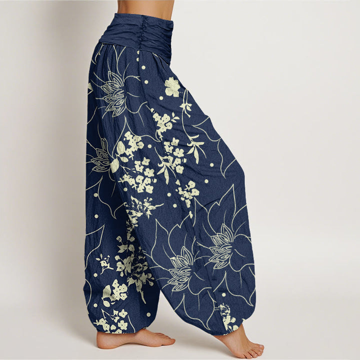 Buddha Stones Cotton Beige Large Petal Flowers Blossoms Pattern Women's Elastic Waist Harem Pants - image 2