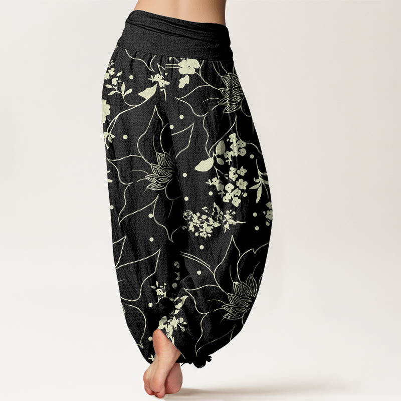 Buddha Stones Cotton Beige Large Petal Flowers Blossoms Pattern Women's Elastic Waist Harem Pants - image 5
