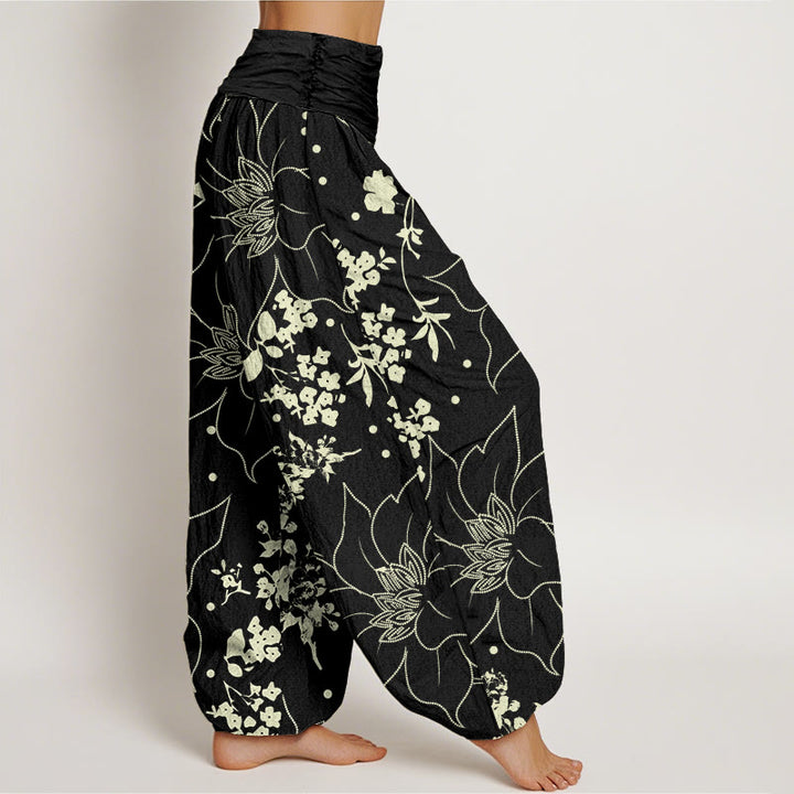 Buddha Stones Cotton Beige Large Petal Flowers Blossoms Pattern Women's Elastic Waist Harem Pants - image 6