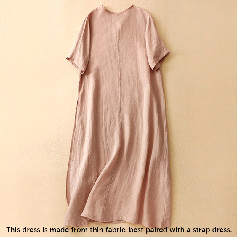 Buddha Stones Summer V-Neck Frog-Button Short Sleeve Cotton Linen Women's Midi Dress - image 1