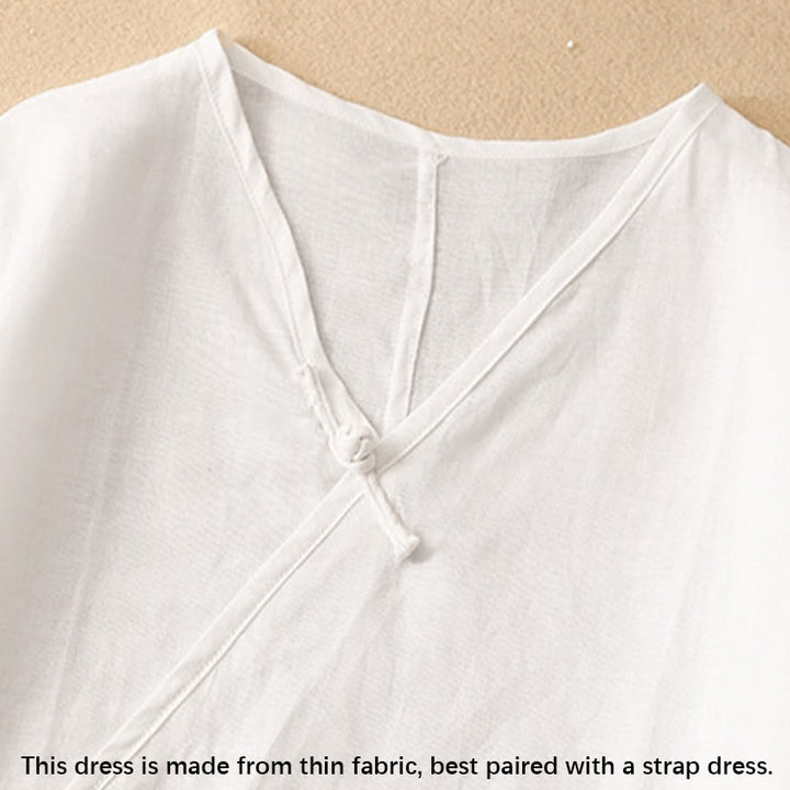 Buddha Stones Summer V-Neck Frog-Button Short Sleeve Cotton Linen Women's Midi Dress - image 13