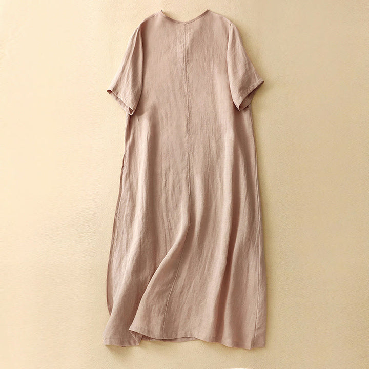 Buddha Stones Summer V-Neck Frog-Button Short Sleeve Cotton Linen Women's Midi Dress - image 9