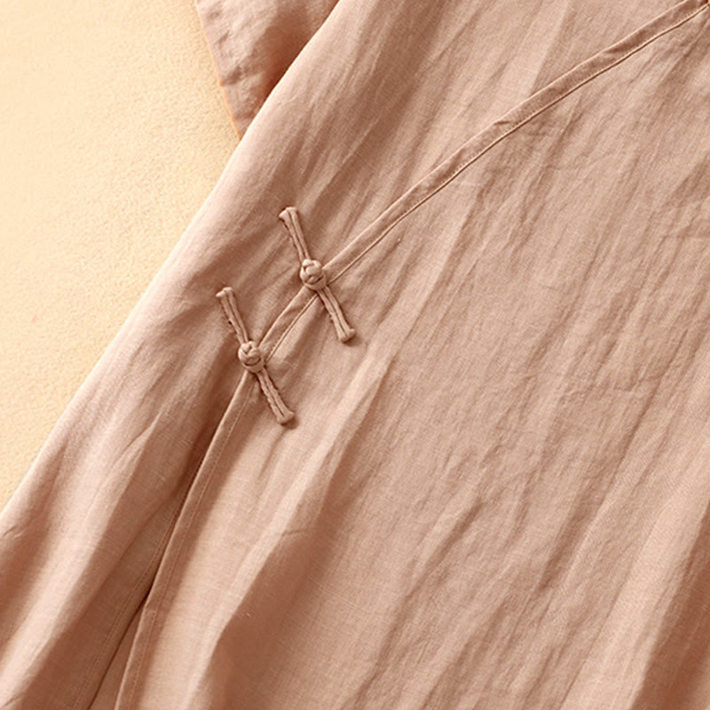 Buddha Stones Summer V-Neck Frog-Button Short Sleeve Cotton Linen Women's Midi Dress - image 4