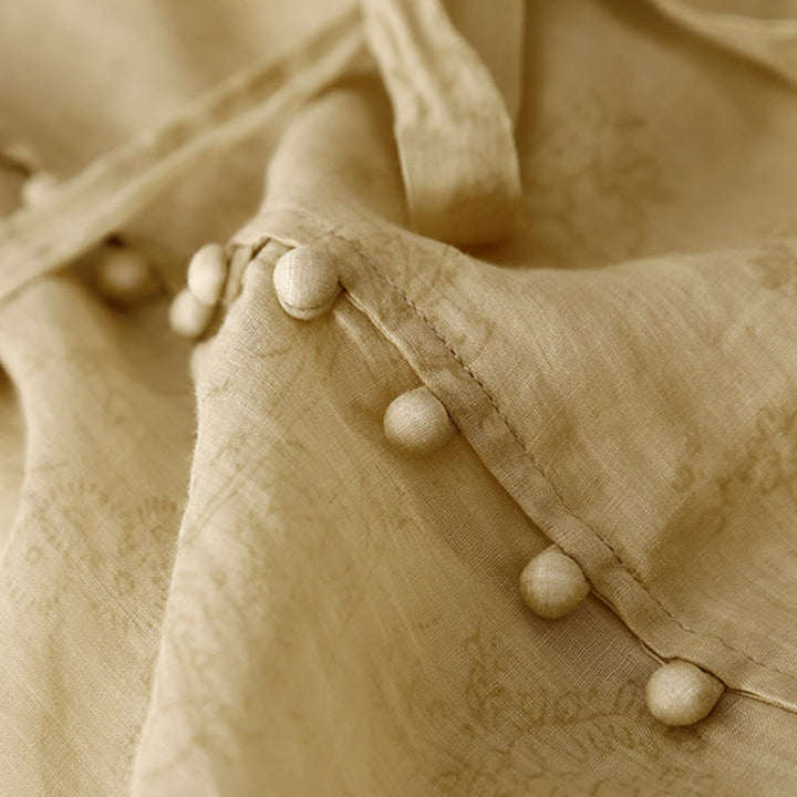 Buddha Stones Summer V-Neck Lace-up Short Sleeve Cotton Linen Women's Midi Dress With Pockets - image 6