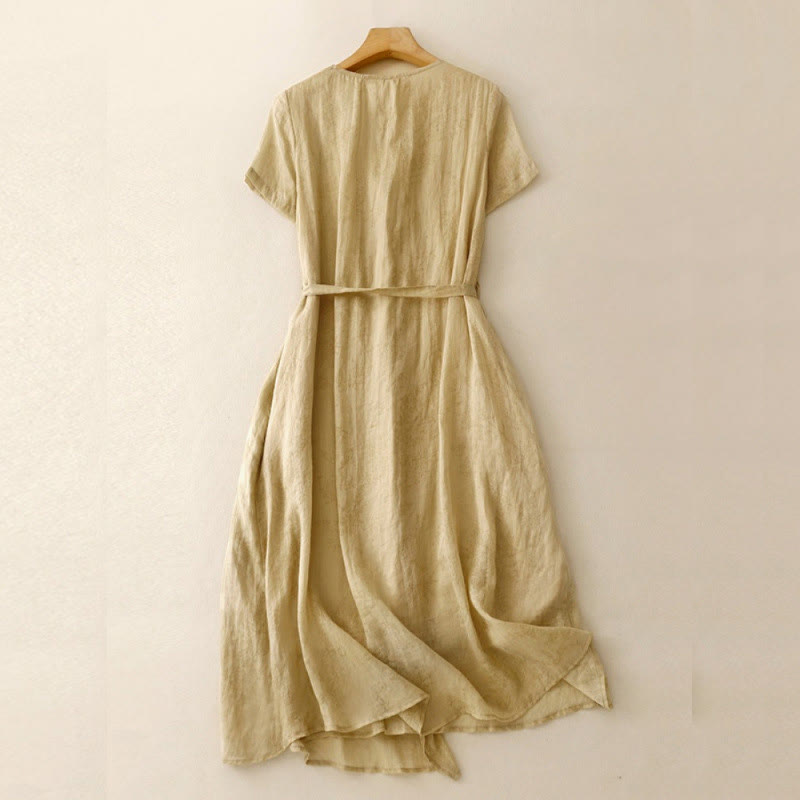 Buddha Stones Summer V-Neck Lace-up Short Sleeve Cotton Linen Women's Midi Dress With Pockets - image 1