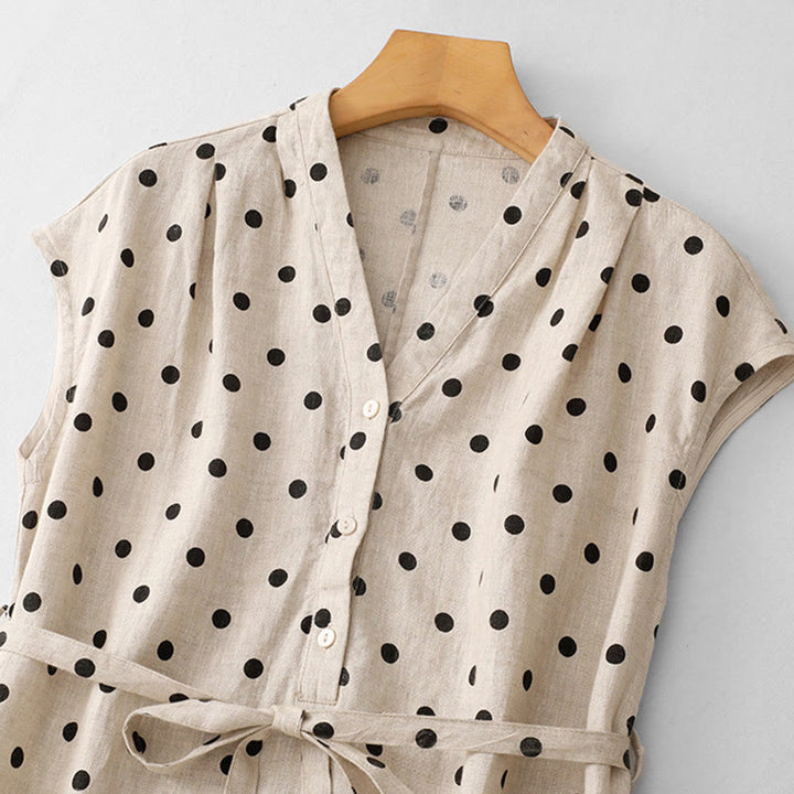 Buddha Stones Summer Polka Dot V-Neck Lace-up Cotton Linen Women's Midi Dress With Pockets - image 10