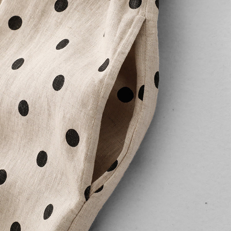 Buddha Stones Summer Polka Dot V-Neck Lace-up Cotton Linen Women's Midi Dress With Pockets - image 12