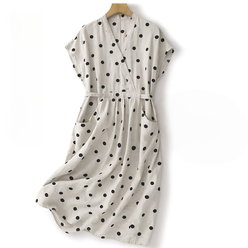 Buddha Stones Polka Dot V-Neck Lace-up Women's Midi Dress With Pockets - White - US8-10，UK/AU12-14，EU40-42 (2XL) - image 8