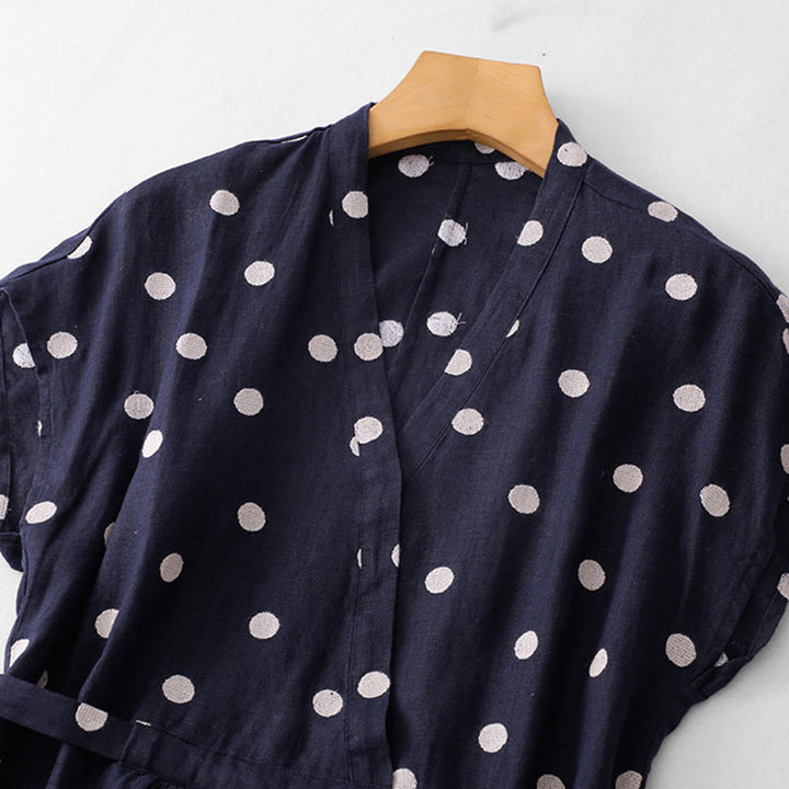 Buddha Stones Polka Dot V-Neck Lace-up Women's Midi Dress With Pockets - image 1