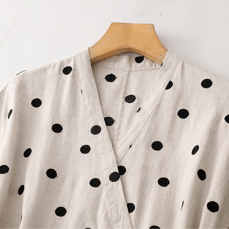 Buddha Stones Polka Dot V-Neck Lace-up Cotton Linen Women's Midi Dress With Pockets - image 10