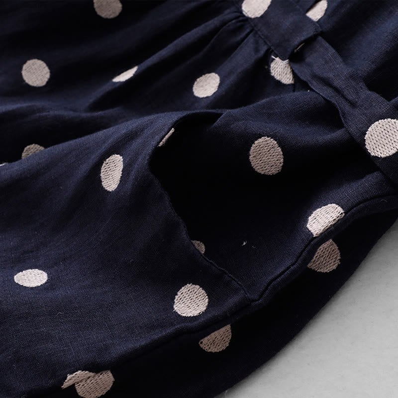 Buddha Stones Polka Dot V-Neck Lace-up Cotton Linen Women's Midi Dress With Pockets - image 5