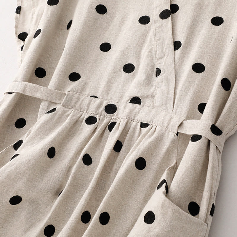 Buddha Stones Polka Dot V-Neck Lace-up Cotton Linen Women's Midi Dress With Pockets - image 12