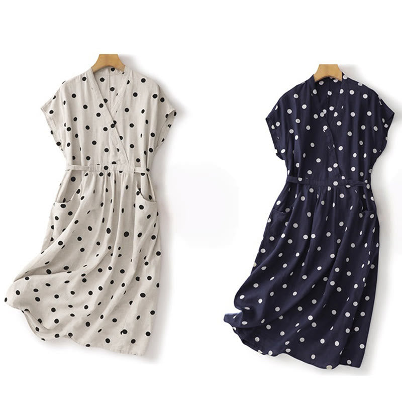 Buddha Stones Polka Dot V-Neck Lace-up Women's Midi Dress With Pockets - image 19