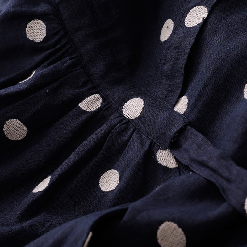 Buddha Stones Polka Dot V-Neck Lace-up Cotton Linen Women's Midi Dress With Pockets - image 3