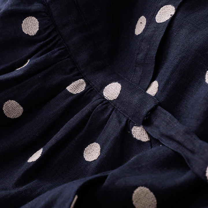 Buddha Stones Polka Dot V-Neck Lace-up Cotton Linen Women's Midi Dress With Pockets - image 3