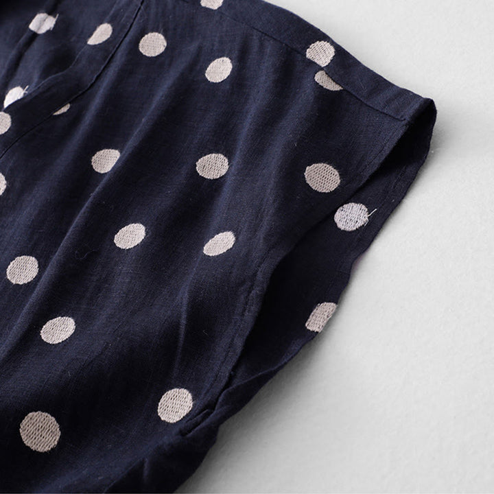 Buddha Stones Polka Dot V-Neck Lace-up Cotton Linen Women's Midi Dress With Pockets - image 6