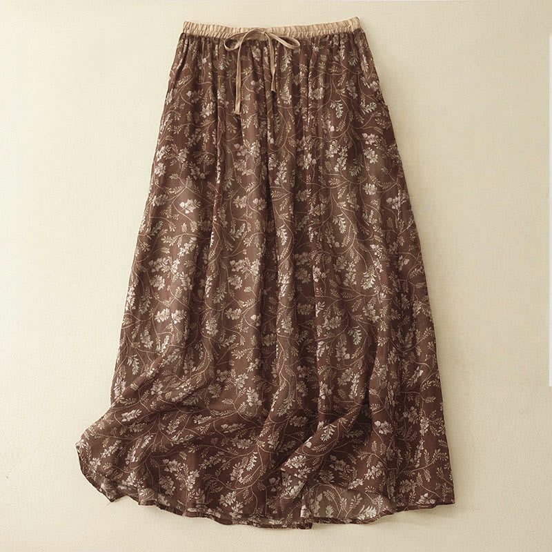 Buddha Stones Floral A-line Elastic Waist Women's Skirt With Pockets - SaddleBrown - US8-10，UK/AU12-14，EU40-42 (2XL) - image 0