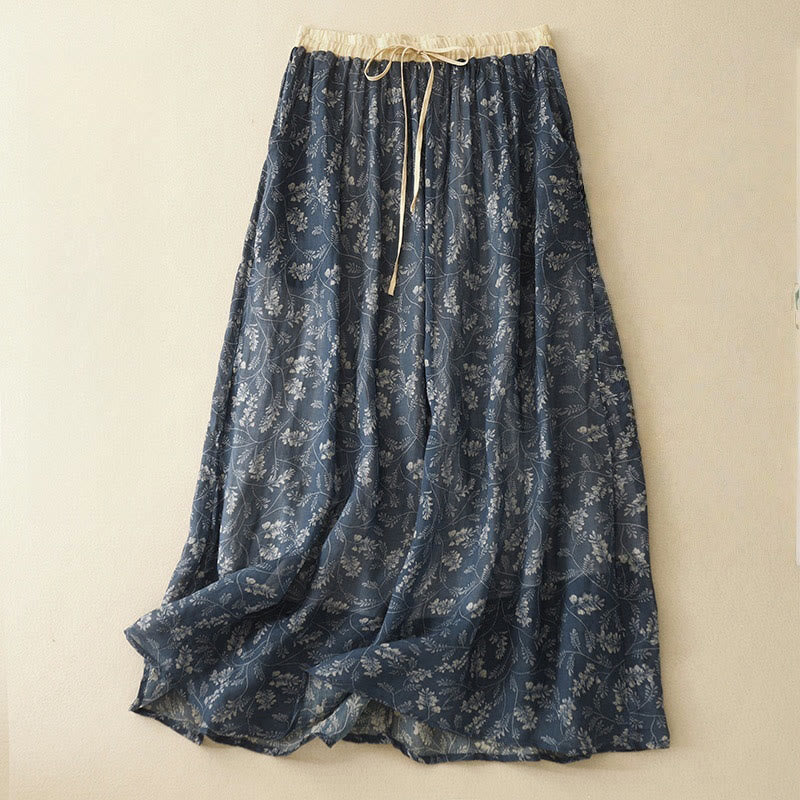Buddha Stones Floral A-line Elastic Waist Cotton Linen Women's Skirt With Pockets - SteelBlue - US8-10，UK/AU12-14，EU40-42 (2XL) - image 11